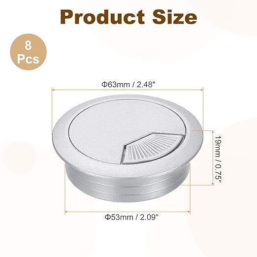 uxcell 8 Pcs 53mm (2.09 Inch) Desk Grommet, Plastic Cable Hole Cover, Wire Cord Cable Organizer for Home Office Computer Desk Cabinet, Silver