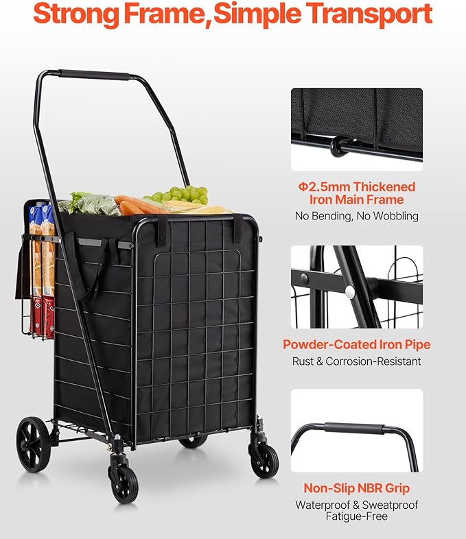 VEVOR Shopping Cart, Folding Grocery Utility Cart with Dual Baskets, Waterproof Liner & Wheels, 100 LBS Large Load Capacity, Heavy Duty Laundry Basket for Laundry, Shopping, Camping, Grocery, Luggage