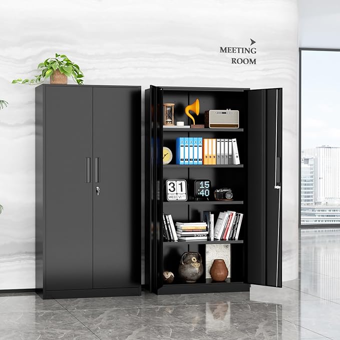 INTERGREAT Storage Cabinet with Doors and Shelves, Metal Garage Storage Cabinets with Lock, Black Lockable Steel Supply Cabinet for Home Office, Warehouse