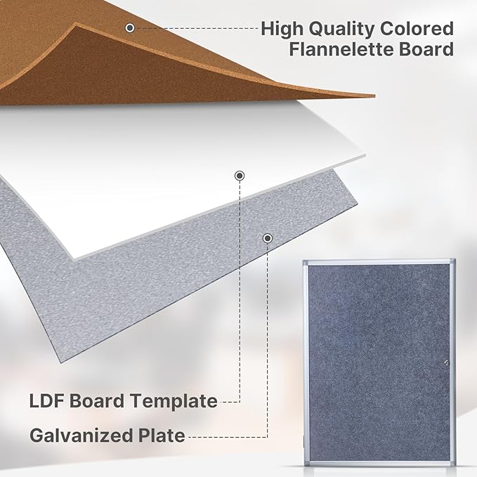 Enclosed Bulletin Board 38x28 Inch Outdoor Notice Board Tamper-Proof Flannel Lockable Display Cases with Aluminum Frame, All Weather Pinboard for Hospital, Restaurant Kitchen, Office