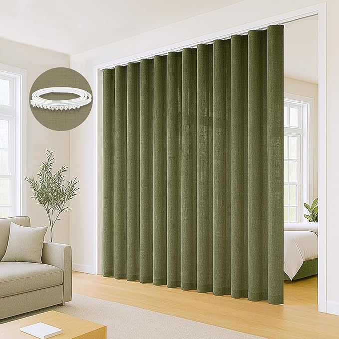 Faux Linen Semi Sheer Room Divider Curtain with Flexible Curtain Track, Light Filtering Privacy Curtain for Patio Sliding Glass Door, Room Dividing, Living Room Bedroom, Olive Green, W72xL96, 1 Panel