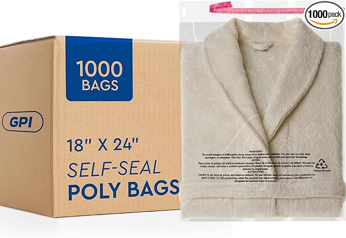 1000 Count - 18" x 24" Extra-Large Self Seal Poly Bags with Suffocation Warning, 1.5 Mil, Clear Polybags with Resealable Adhesive Strip for Shipping & Packaging Clothing, T Shirts & Sweaters. GPI