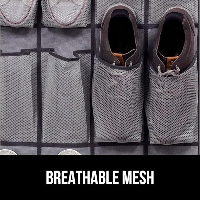 GORILLA GRIP Over the Door Shoe Organizer, 24 Large Breathable Mesh Pockets, Space Saving Hanging Storage Holder, Closet Rack Hanger Holds Up to 40 lbs, Hangs on Closets for Shoes, Accessories, Gray