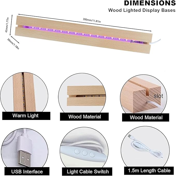 11.81 inch Rectangle Display Pedestal, Colorful Rectangle Led Lights Display Base, Crystal Wooden Lighted Base Stand for Acrylic, Crystal, Night Light, Glass Resin Art