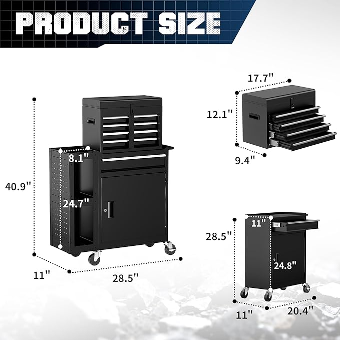 SILVEL 5-Drawers Rolling Tool Chest, Assembled Tool Box with Auto Locking System & Lockable Wheels & Sliding Drawers & Detachable Top, Tool Storage Cabinet for Garage Workshop