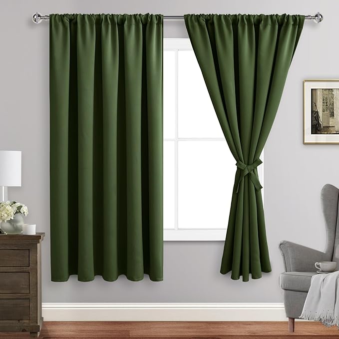 JIUZHEN Blackout Curtains for Bedroom - 70 x 63 Inch Extra Wide Privacy Assured Thermal Insulated Room Darkening Sliding Door Curtains for Living Room, Set of 2 Panels with Tiebacks, Olive Green