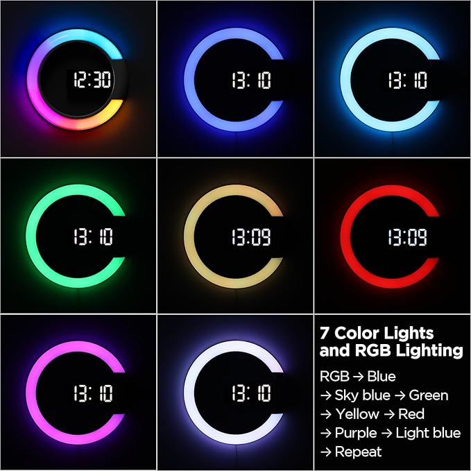 mooas Mood Light LED Silent Digital Wall Clock with Remote, Backlit Nightlight, Modern Digital LED Wall Clock Display Alarm Clock Melody 5 Brightness for Bedroom Living Room