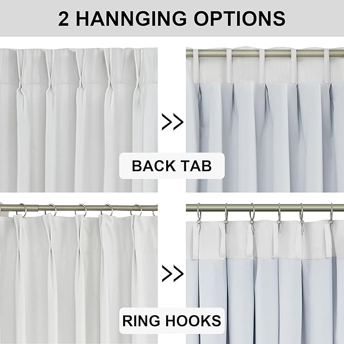 Vision Home White Pinch Pleated Full Blackout Curtains Thermal Insulated Window Curtains 108 inch for Living Room Bedroom Room Darkening Pinch Pleat Drapes with Hooks Back Tab 2 Panel 40" Wx108 L