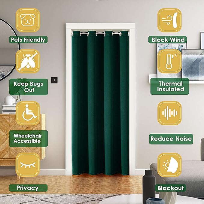 ChrisDowa Blackout Door Curtains for Doorway Privacy, Grommet Closet Curtain for Bedroom Closet Door, Thermal Insulated Doorway Cover Room Divider Drapes (1 Panel, Forest Green, 52 x 80 Inch)