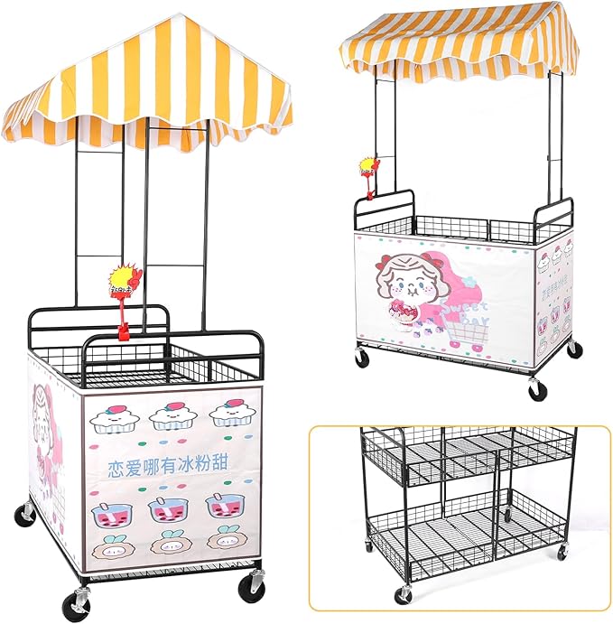 Business Mobile Catering Cart Foldable Outdoor Portable Market Street Food Vendor Stalls with Yellow White Canopy Stall Trolley for Outdoor Vending Sale Display