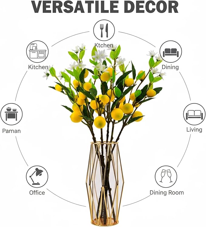 24 Inch Artificial Lemon Branches -5 Pieces Set of Realistic Fake Lemon Tree Stems and Fruits for Kitchen, Farmhouse, and Home Decoration