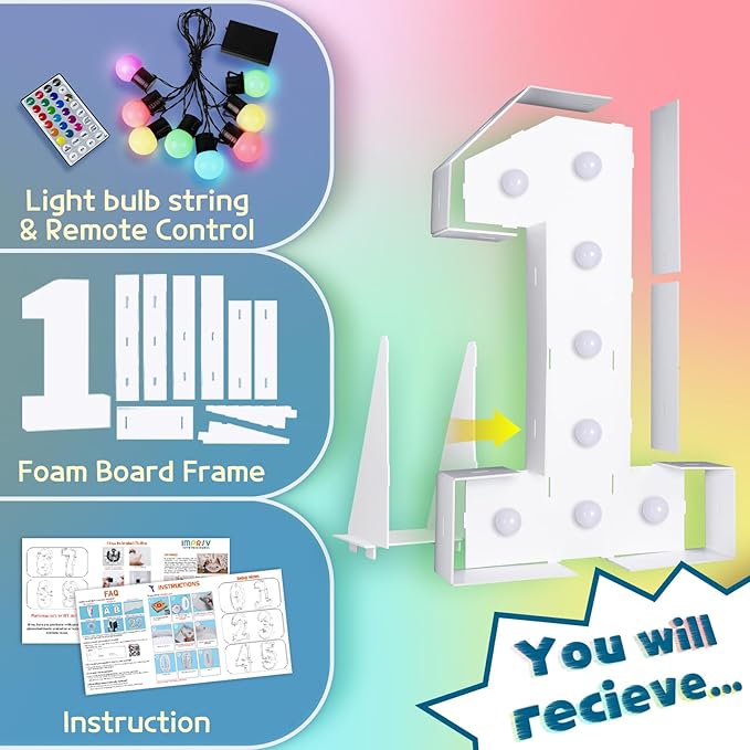 imprsv 3FT Colorful Marquee Numbers,18 Colors with Remote, Light Up Numbers 1 for 1st 10th Birthday Decorations Anniversary Party Decor, Pre-Cut Foam Board Kit, Mosaic Sign for Balloon