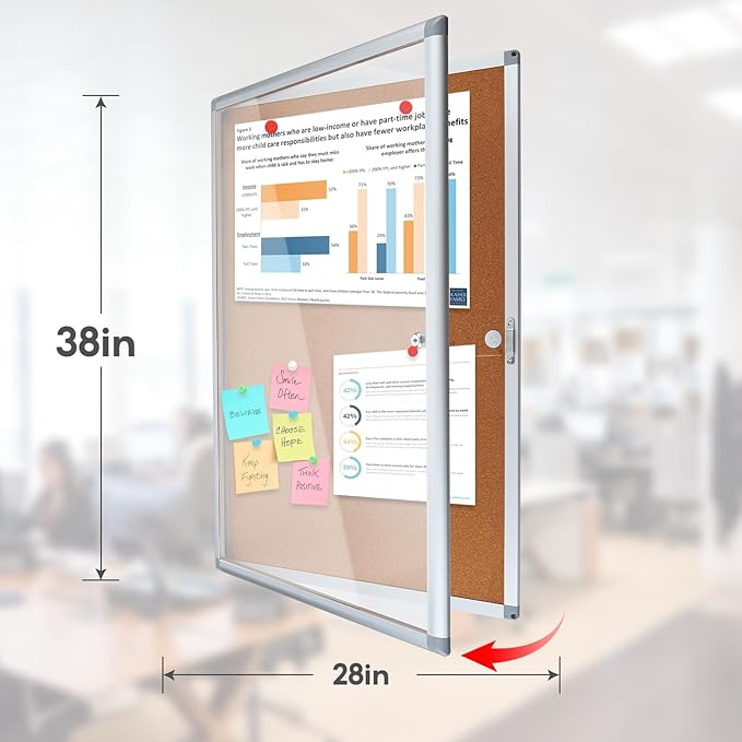 Enclosed Cork Bulletin Board Tamper-Proof Dispaly Case, Aluminium Frame, All-Weather Cork Noticeboard, Outdoor Enclosed Cork Board for School, Office, Restaurant, Hospital (38 X 28 Inches)