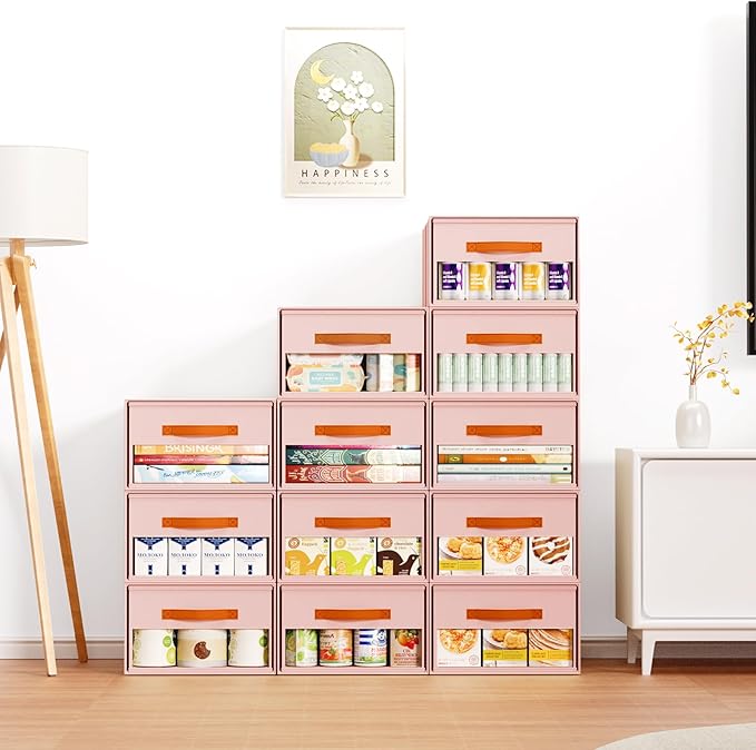 Stackable Storage Drawers - Pull Out Storage Bins with Drawers for Closet Clothes Organizers with Weekly Labels & Clear Window, Closet Shelf Storage for Bedroom, Living Room, 5 Pack, Pink