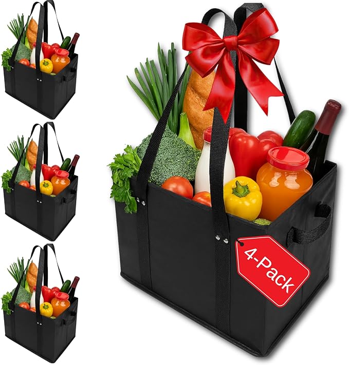 BAG-THAT! 4pk Reusable Grocery Bags Shopping Bags Tote Box Large Heavy Duty Groceries Bag Handles Foldable Reinforced Bottom (Black)