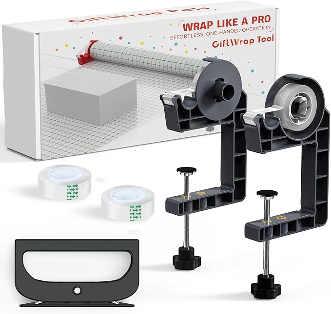 Tabletop Gift Wrapping Tool with Tape Dispenser & Cutter–2 Pack Adjustable Wrapping Paper Table Clamps with 2 Tapes–Perfect for Christmas, Holidays, and Crafting