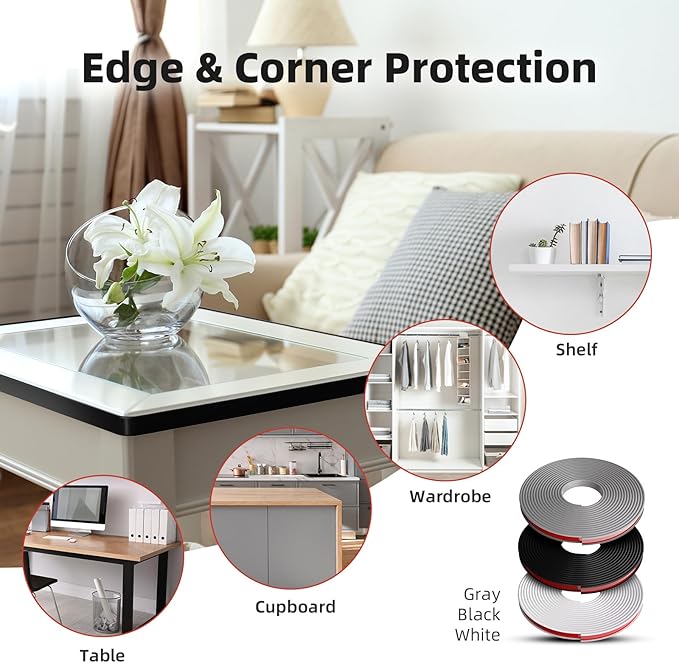U-Shape Edge Banding, 0.6 inch x 20ft Edge TPE Self Adhesive Veneer Edging Trim Flexible Edge Protector, Strip for Countertop Cabinets Table Restoration Shelves, Black