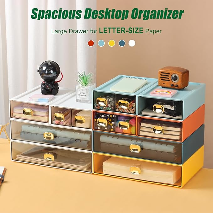 Spacious Desktop Storage Box, 1 Large Storage Drawer, Stackable Office Desk Drawer Organizer and Accessories, Printer Paper Organizer, Yellow Plastic Drawers for Workspace & Home