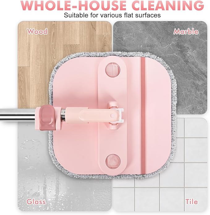 Upgraded Spin Mop and Bucket System Set, Self Separate Clean and Dirty Water, Foldable Square Standing Mop Head with Microfiber Mop Pads, Detachable Bucket (Pink, Mop Set with 2PC Pads)