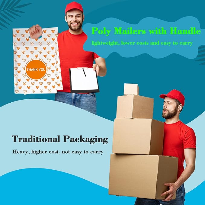 JinRuiKJ Poly Mailers with Handle 10x13 Inch 100 Pcs, Easy to Carry Packaging Bags for Small Business, Thank You Shipping Bags with Self Adhesive Strip, Tearproof and Waterproof - Yellow heart