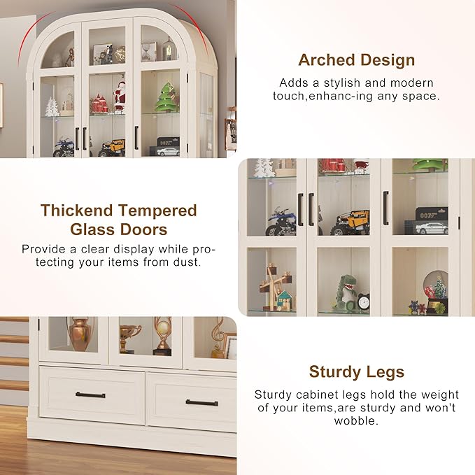 Arched Display Cabinet with 3 Glass Doors,5-Tier Curio Cabinet W/3 Color Lights for Collectibles,78'' Tall Curio Cabinet W/2 Drawers,Modern Display Case W/Human Body Sensor for Living/Game Room,Arche