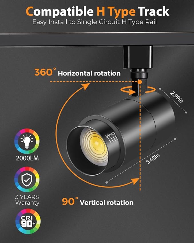 VANoopee 3-Color Zoomable 20W LED Track Lighting Heads H Type Track Light Heads Dimmable Bright Ceiling Spotlight Fixtures for Kitchen, 3000K 4000K 5000K Adjustable, CRI90+ 15°-60° 2000lm Black 6 Pack