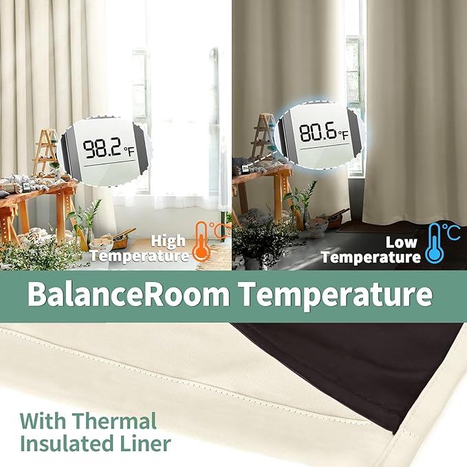 100% Blackout Curtains 84 Inch Length for Living Room 2 Panels, Thermal Insulated Light Blocking Soundproof Grommet Long Window Curtains with Black Liner, Each 52 Inch Wide, Cream