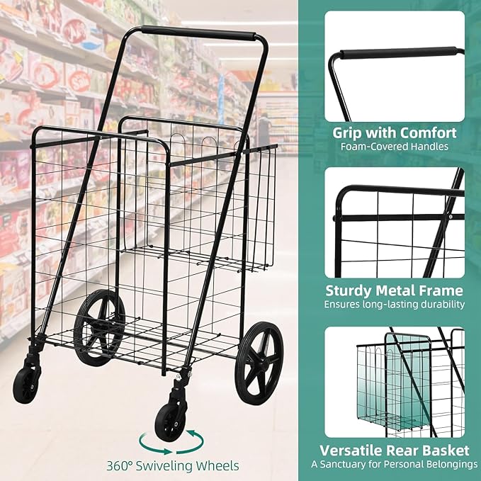YITAHOME Folding Shopping Cart with Wheels, Rolling Foldable Grocery Cart with Versatile Rear Basket, Portable Collapsible Utility Cart for Shopping Groceries Laundry Storage Organizer