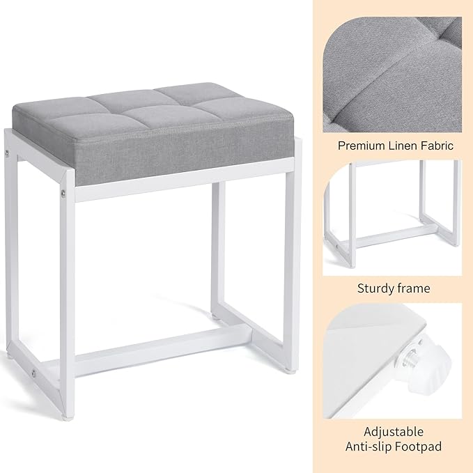 Vanity Stool, Vanity Chair Stools for Makeup Room, Square Linen Makeup Stool for Vanity, Modern Padded Small Ottomans Foot Rest for Bedroom Living Room, Grey & White