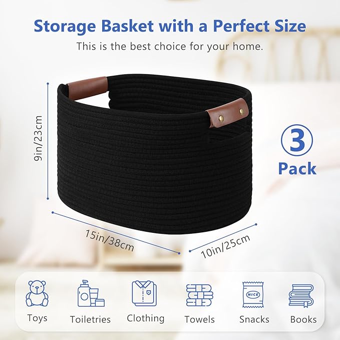 Cotton Rope Basket, Storage Baskets with Handle, 15x10x9 Inch Woven Basket for Shelves, Laundry, Towels, Clothes, Books, (Black 3Pack)