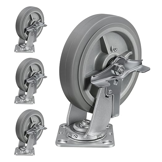 8'' × 2'' Caster Wheels, Heavy Duty Industrial Casters Set of 4 Rubber Wheels, Load 4000lbs Capacity, Swivel Caster for Cart Dolly Toolbox Trolley (4 Brake)
