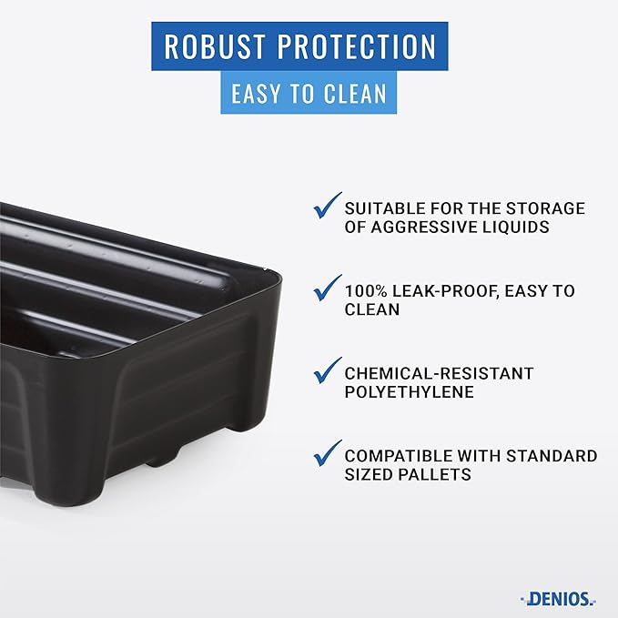 DENIOS® Spill Containment Tray – 10.5 Gallon Capacity, 30.9"X15.8"X7.1", Plastic Industrial Spill Tray for Spill Containment, No Grate, Durable Containment Tray for Safe Liquid Handling