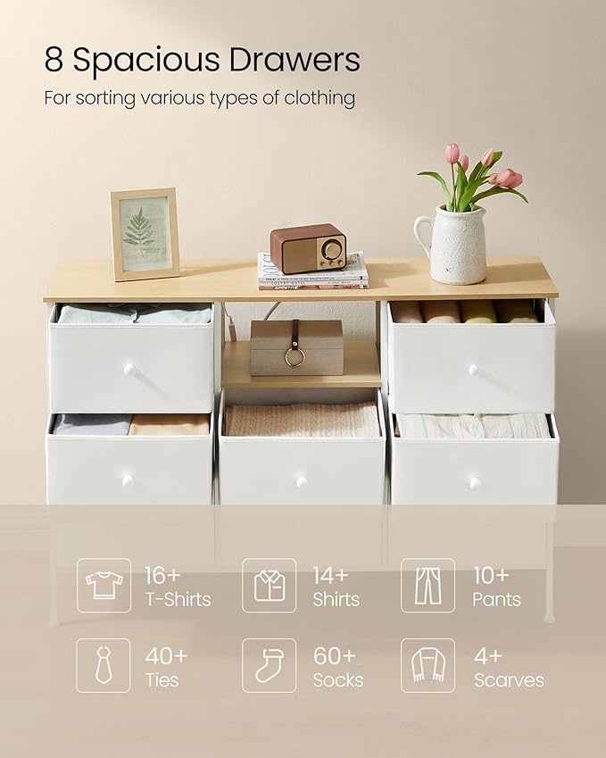 SONGMICS Dresser for Bedroom, Fabric Dresser with Power Outlets and LED Lights, TV Stand for up to 60 Inch TVs, 25 Colors, 11.8 x 47.2 x 31.3 Inches, Cloud White and Oak Beige ULTS518W01
