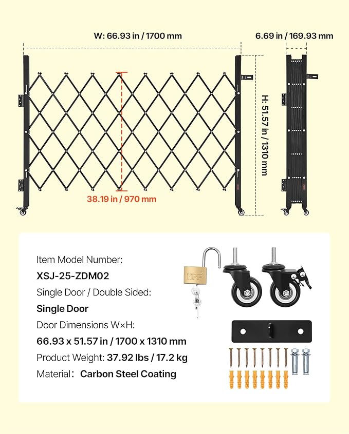 VEVOR Single Folding Security Gate, Lockable Scissor Gate with 360° Swivel Casters, Outdoor Barricade Steel Retractable Gates, for Entry Security, Garage, Warehouse & Pool, 66.93 x 51.57 in (W x H)