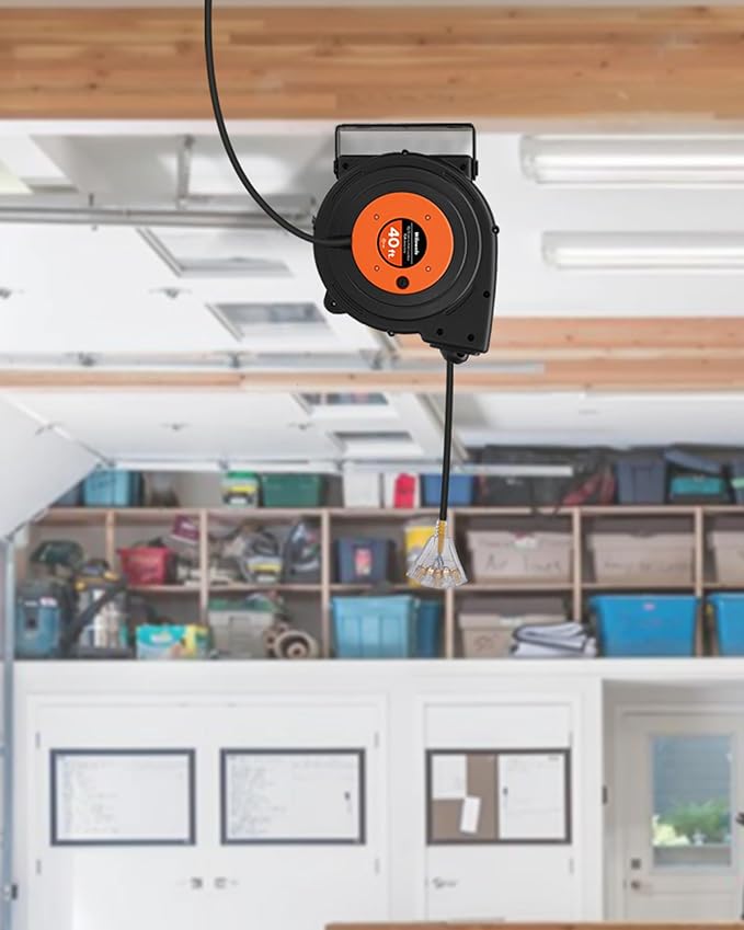 Retractable Extension Cord Reel, 40 FT Heavy Duty Power Cord, 12AWG/3C SJTOW, 3 Grounded Outlets Lighted Triple Tap, 15 Amp Circuit Breaker, UL Listed, Orange B40CR06