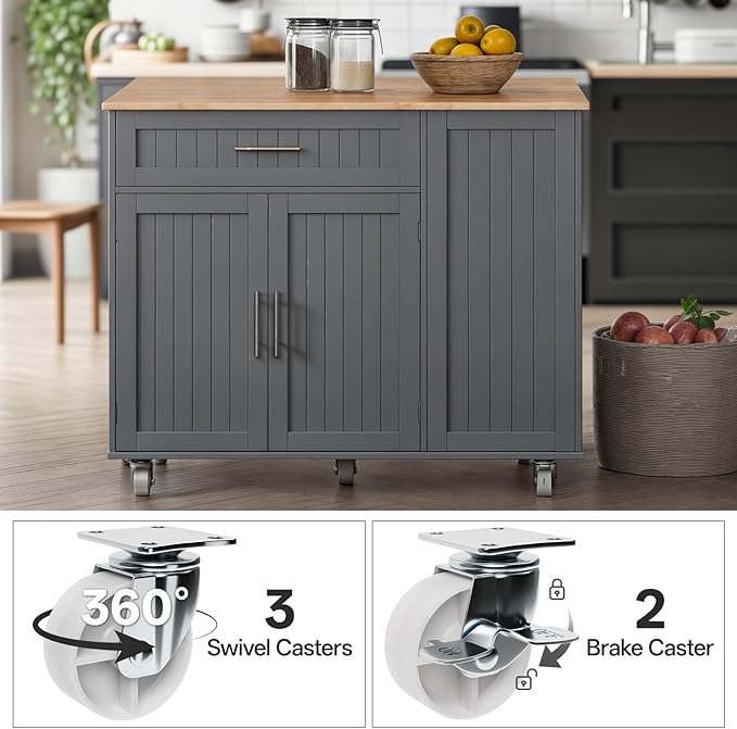 43.3" Rolling Kitchen Island Cart with Drop Leaf & Storage - Mobile Kitchen Organizer with Wheels, Rubberwood Top, Trash Bin Cabinet & Towel Rack, Farmhouse Style for Small Spaces Grey