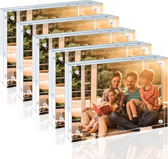 Egofine 4x6 Acrylic Frames 5 Pack, 20mm Thicker Frameless Clear Picture Frames, Double Sided Magnetic Picture Frames, Free Standing Desktop Display