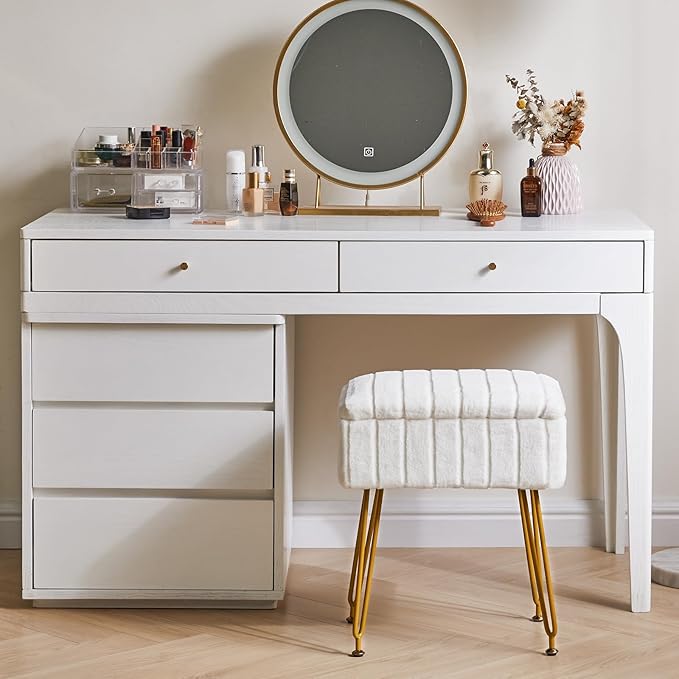 IBUYKE Stool Chair with Storage Space, Footrest Footstool Ottoman, Small Side Table, with 4 Metal Legs, with Anti-Slip Feet, for Makeup Room, Bedroom, White, Faux Fur LG-50W
