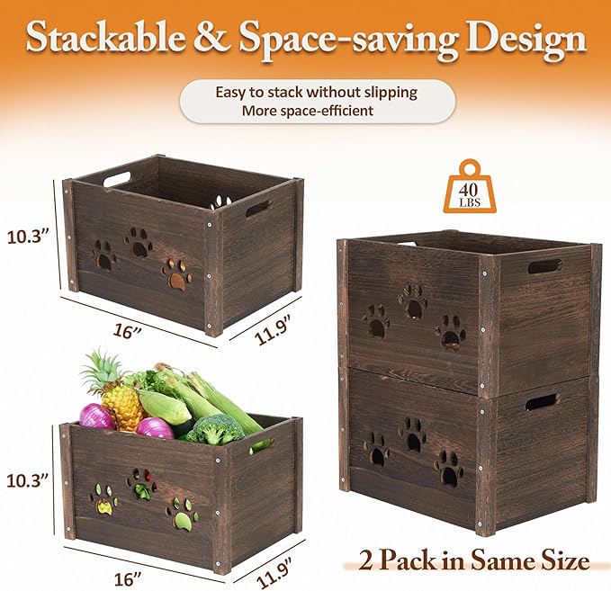 Wooden Crates 2 Pack, Hollow Claw Wooden Crates for Display & Storage, Farmhouse Handmade Wood Crate with Handles, Rustic Large Decorative Wood Crate Box for Display
