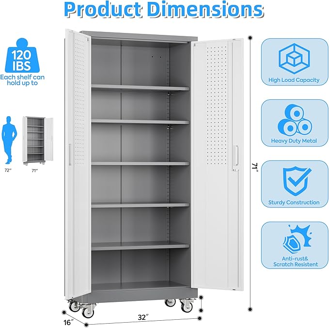 Aobabo Upgrade 71H''*32''W*16''D Metal Garage Storage Cabinet with Wheels and Pegboards, 5 Adjustable Shelves Steel Storage Cabinets for Home,Warehouse,Garage,Assembly Required,Grey and White