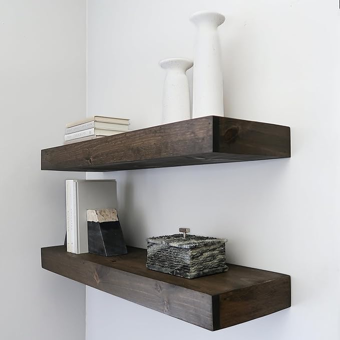 Urbandi Modern Floating Shelves 3 Inches Thick for Wall, Wide Shelves for Kitchen, Living Room, Bedroom, and Bathroom, Natural Pine Wood, Rustic Wooden Shelf, (Set of 2) (Jacobean, 24Lx3Hx6D)