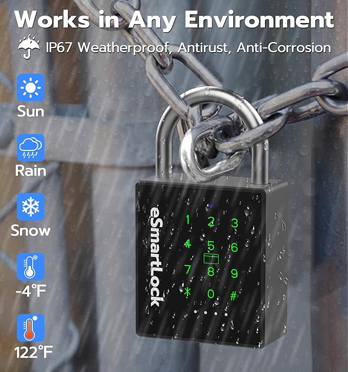 eLinkSmart Heavy Duty Smart Padlock with Key, Pad Lock with Code Keypad, Weatherproof Bluetooth RFID Keyless Electronic Digital Combination Lock for Gate Outdoor Fence Storage Unit Locker Shed Pool