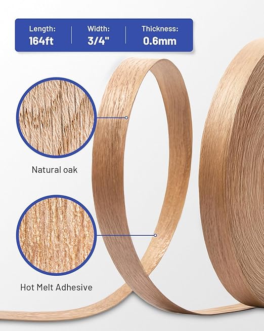 Red Oak Edge Banding 3/4 inch x 164 ft Real Wood Veneer Plywood Edge Banding Iron-on Pre-glued Veneer Edging Tape for Cabinet Repairs Furniture Restoration