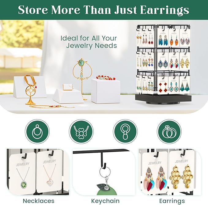 EsLuker.ly Rotating Earring Display Holder Stand for Vendors Events Selling, Large Capacity 36 Hooks Jewelry Rack with Wooden Base for Earring Card Sales, Enhances Retail Visibility(Black)
