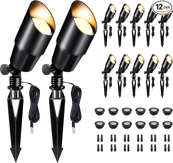 Black Outdoor LED Landscape Lights, 12V Low Voltage, Waterproof Aluminum Spotlights for Home Patio Backyard with 5W MR16 Bulb 2700K 12 Pack