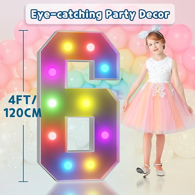 imprsv 4FT Colorful Marquee Numbers,18 Colors with Remote, Light Up Numbers 6 for 16th 60th Birthday Decorations Anniversary Party Decor, Pre-Cut Foam Board Kit, Mosaic Sign for Balloon