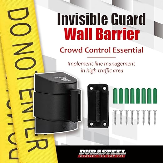 DuraSteel Wall Mount Retractable Belt Barrier - 6.5 Ft Yellow “Do Not Enter” Belt in Black Case - Guardian 2.0 Indoor & Outdoor Caution Tape for Crowd Control Queue Barrier, Line Divider, 10 Pcs