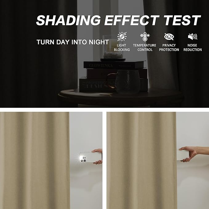 DUALIFE Taupe Blackout Pinch Pleated Curtains for Bedroom 108 Inch Length, Linen Blended Farmhouse 100% Blackout Thermal Insulated Back Tab Drapes with Hooks for Track System 2 Panels W40xL108