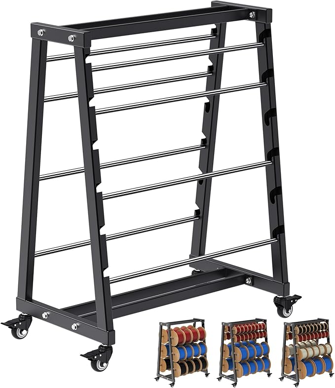 SELEWARE Heavy-Duty 8-Rod Wire Spool Rack – 400lb Capacity Cable Caddy & Dispenser with Locking Wheels, Adjustable Spool Rods for Electrical, Industrial & Retail Use