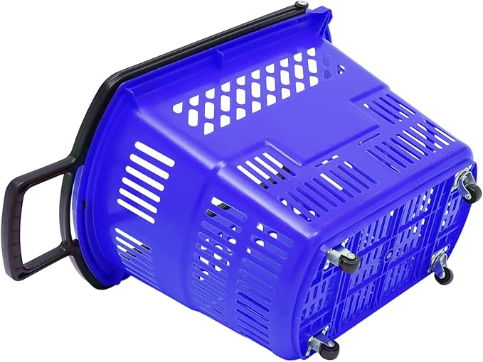 6PCS Plastic Shopping Basket with Handles & Wheels, 35L Rolling Shopping Carts, Grocery Basket with 4 Wheels and Handle, Portable Shopping Baskets for Retail Stores, Supermarkets (6PCS - Blue)